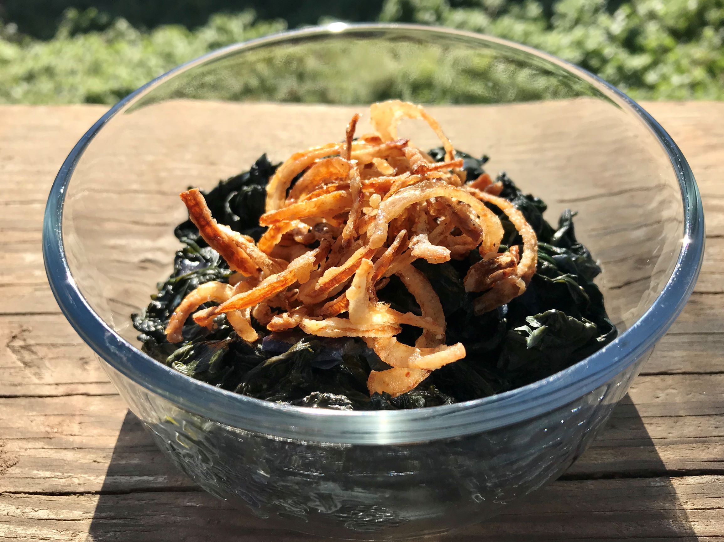 Creamy Mustard Greens with Fried Shallots