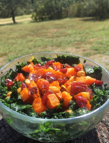 Massaged Kale Salad with Roasted Butternut, Chickpeas, and Dried Cranberries