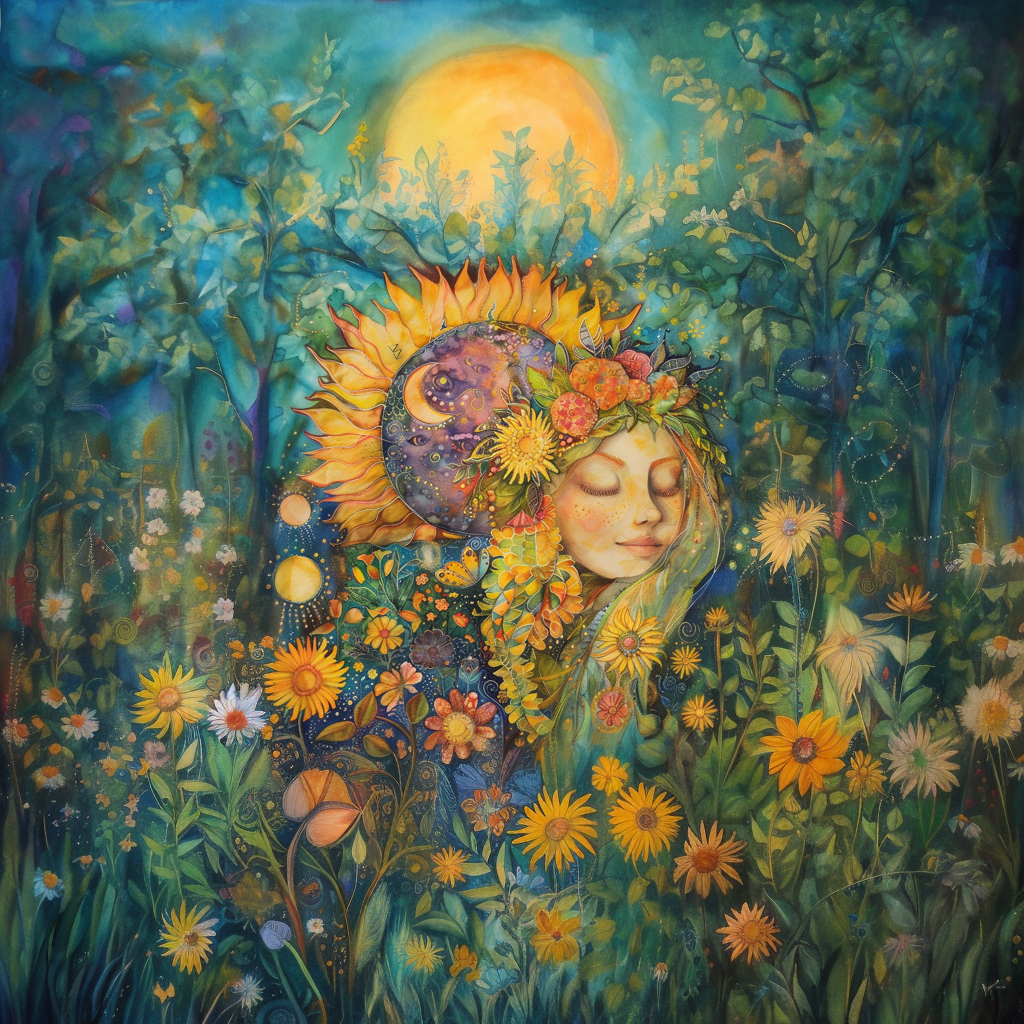 A folk watercolor artist's rendition of the Solar Goddess Litha kneeling in a flower meadow, smelling the sweet scents of Earth.