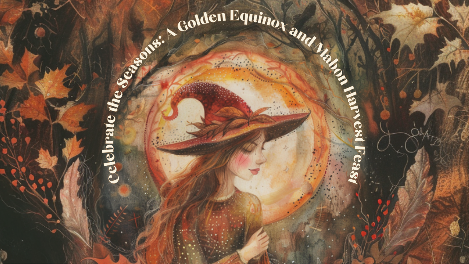 A red-headed witch on a golden Equinox background celebrates Mabon, the Autumnal Equinox