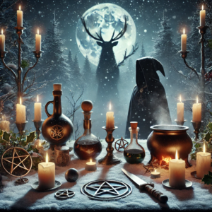 a cloaked figure stands over a moonlit altar containing candles, potions, pentacles, an athame, and a wand, with the god Cernunnos silhouetted behind her.